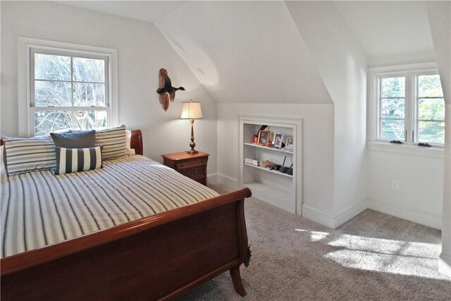 bedroom with carpet flooring, vaulted ceiling, and multiple windows