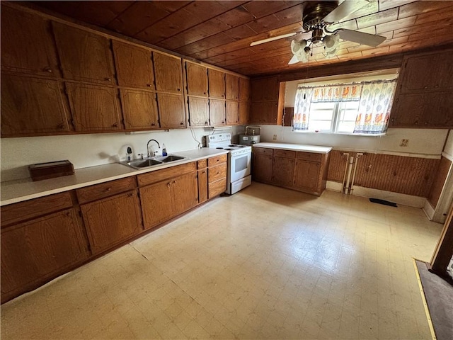 4380 County Road 62, Lafayette, AL 36862 - kitchen with white range with electric stovetop, a sink, brown cabinets, and light floors