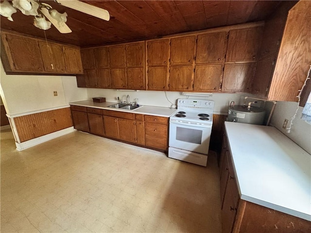4380 County Road 62, Lafayette, AL 36862 - kitchen featuring light floors, electric stove, a sink, brown cabinetry, and wood ceiling