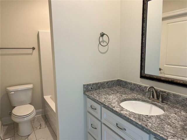 bathroom featuring toilet, a washtub, walk in shower, marble finish floor, and vanity