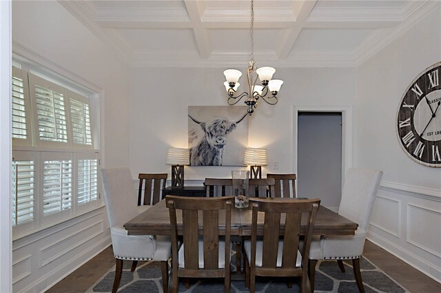914 E Towne Lake Cir, Opelika, AL 36804 - dining area with a chandelier, coffered ceiling, dark wood-style flooring, beamed ceiling, and a decorative wall