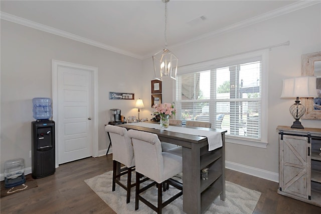 914 E Towne Lake Cir, Opelika, AL 36804 - dining area with ornamental molding, a chandelier, dark wood-style flooring, and baseboards