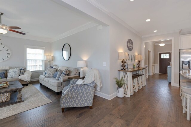 914 E Towne Lake Cir, Opelika, AL 36804 - living area featuring a ceiling fan, crown molding, recessed lighting, dark wood-type flooring, and baseboards