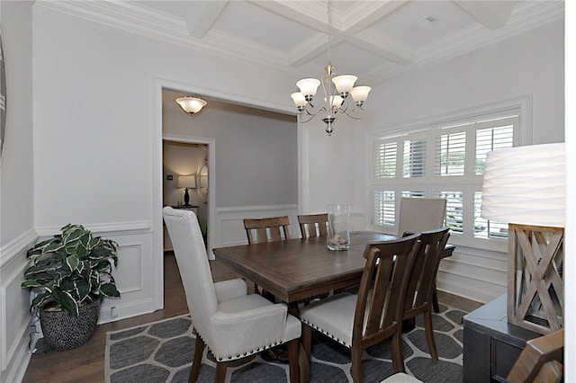 914 E Towne Lake Cir, Opelika, AL 36804 - dining space featuring coffered ceiling, a chandelier, beamed ceiling, crown molding, and dark wood-style floors