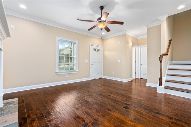 2578 Churchill Cir, Auburn, AL 36832 - unfurnished living room featuring a ceiling fan, wood-type flooring, ornamental molding, stairs, and baseboards