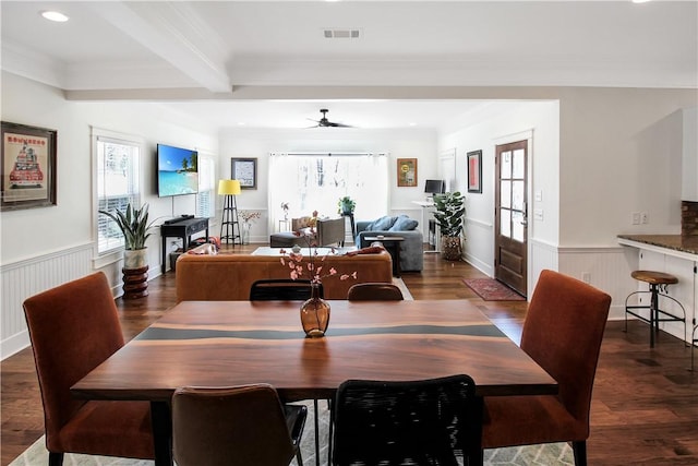 dining space with ornamental molding, visible vents, wainscoting, and dark wood finished floors