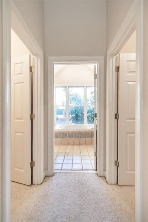 corridor with light colored carpet