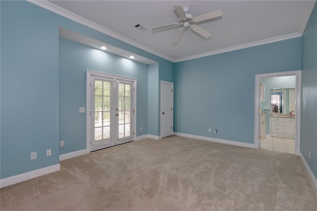 1761 Woodley Rd, Auburn, AL 36830 - unfurnished bedroom featuring french doors, ornamental molding, carpet flooring, access to outside, and ensuite bathroom