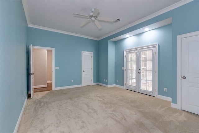1761 Woodley Rd, Auburn, AL 36830 - unfurnished bedroom with crown molding, french doors, access to outside, carpet floors, and ceiling fan