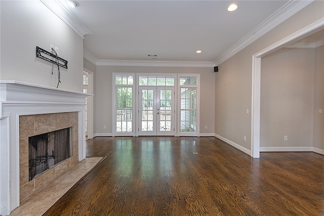 1761 Woodley Rd, Auburn, AL 36830 - unfurnished living room featuring wood finished floors, a fireplace, crown molding, and recessed lighting