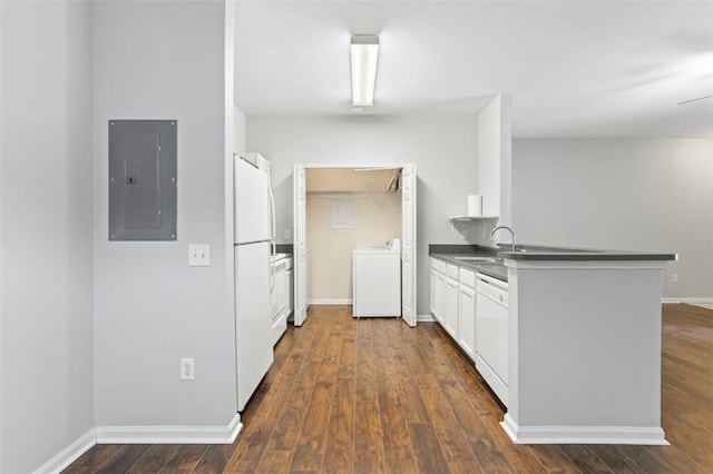 kitchen with dark hardwood / wood-style floors, white cabinetry, sink, electric panel, and white appliances