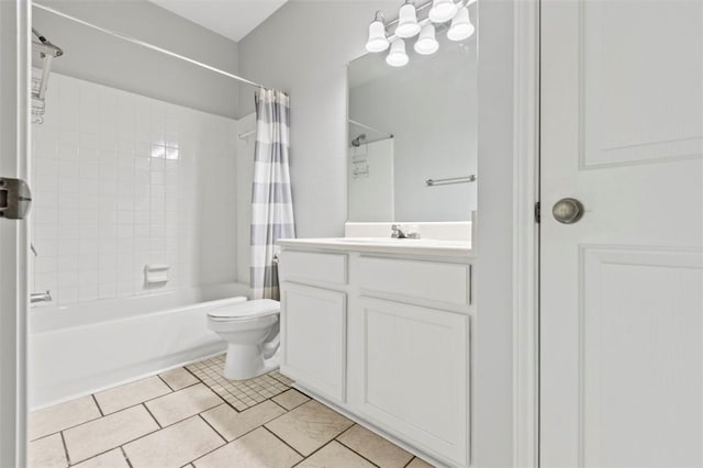 full bathroom featuring vanity, shower / bath combo, tile patterned floors, and toilet