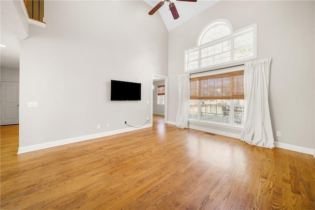 unfurnished living room featuring high vaulted ceiling, light hardwood / wood-style floors, and ceiling fan