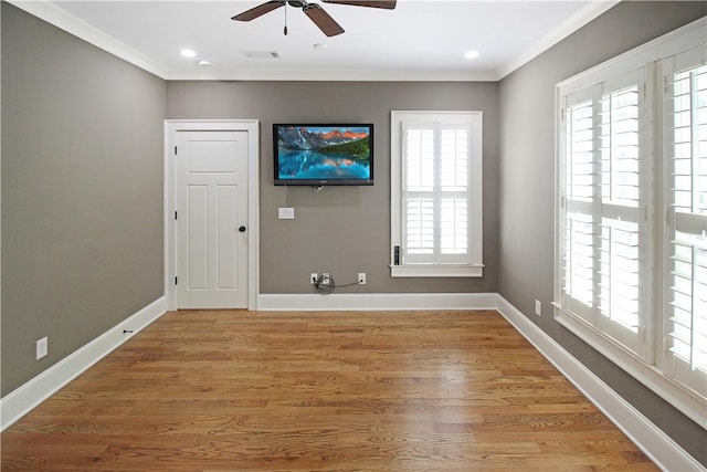 2904 Lone Eagle Ln, Opelika, AL 36801 - unfurnished room with ceiling fan, crown molding, light wood-style floors, baseboards, and recessed lighting