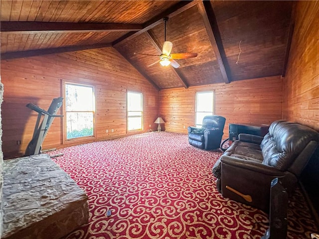 additional living space with a healthy amount of sunlight, vaulted ceiling with beams, wood walls, and wood ceiling