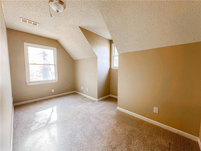 additional living space with a textured ceiling, carpet floors, and vaulted ceiling