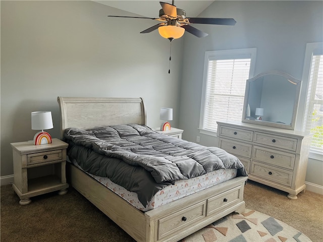 bedroom featuring carpet flooring, ceiling fan, and lofted ceiling