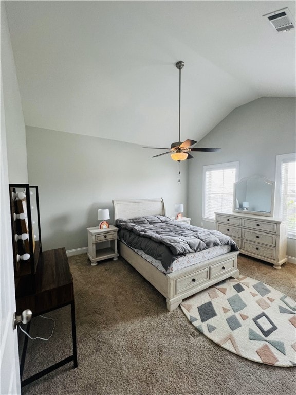 bedroom featuring carpet flooring, ceiling fan, and lofted ceiling