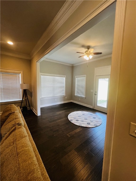 living room featuring ceiling fan, dark hardwood / wood-style floors, and ornamental molding