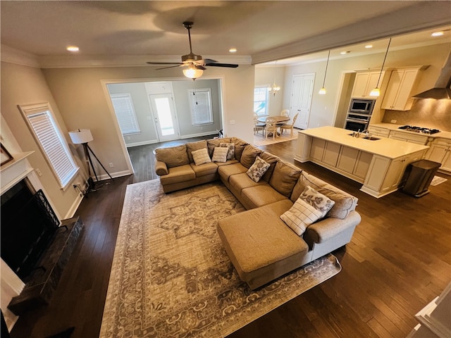 living room with sink, dark wood-type flooring, ceiling fan with notable chandelier, and ornamental molding