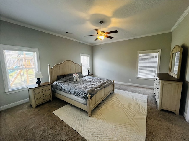 bedroom featuring carpet, multiple windows, ceiling fan, and ornamental molding