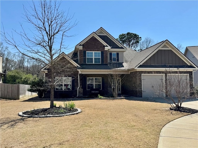 craftsman-style house with concrete driveway, an attached garage, brick siding, fence, and board and batten siding