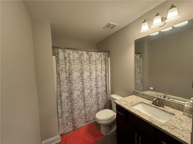 full bath featuring a shower with curtain, vanity, toilet, tile patterned floors, and visible vents