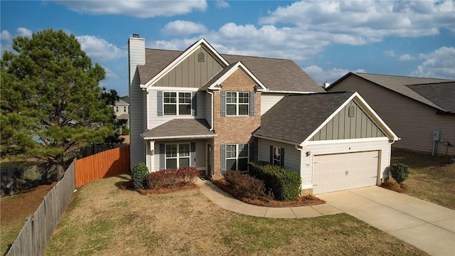 view of front of home featuring a chimney, concrete driveway, board and batten siding, fence, and a garage