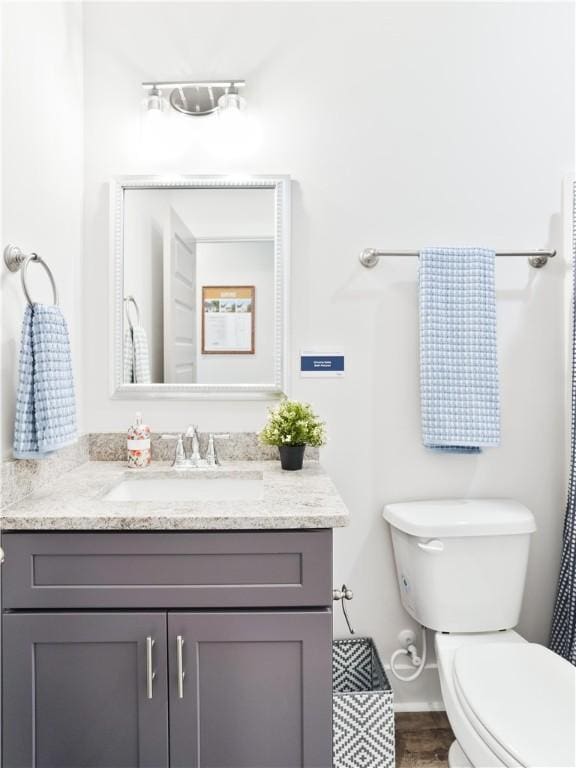 bathroom featuring vanity, toilet, and wood finished floors