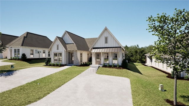 view of front of property featuring board and batten siding and a front lawn