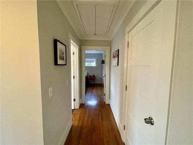 corridor featuring attic access, baseboards, and dark wood-type flooring