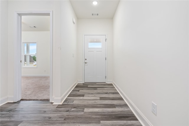 doorway with dark hardwood / wood-style floors