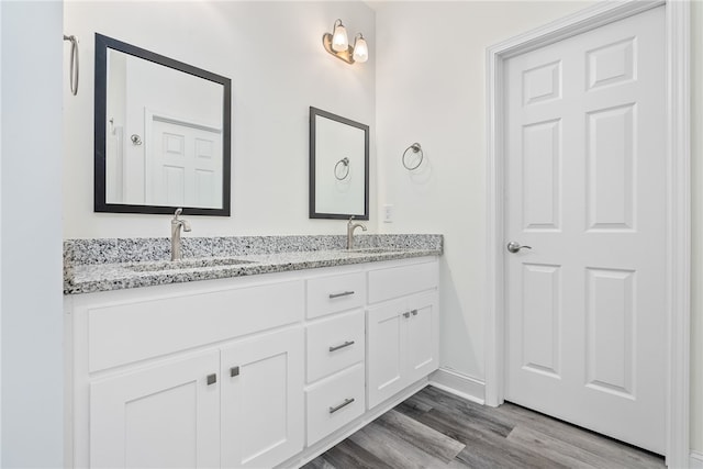 bathroom with hardwood / wood-style flooring and vanity