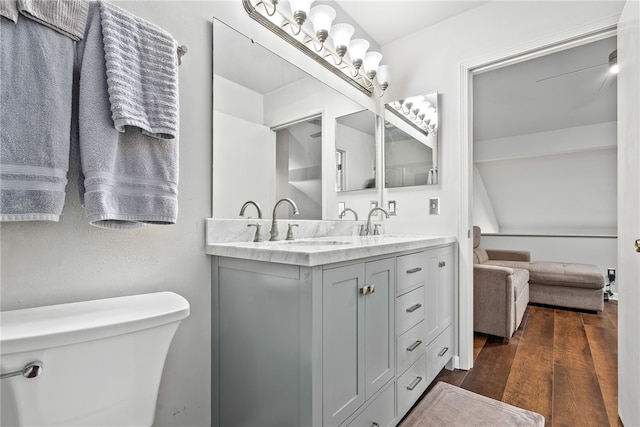 bathroom featuring hardwood / wood-style flooring, vanity, and toilet