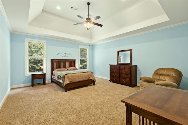 4112 Creekview Ct, Auburn, AL 36832 - bedroom with a tray ceiling, light carpet, ornamental molding, and ceiling fan