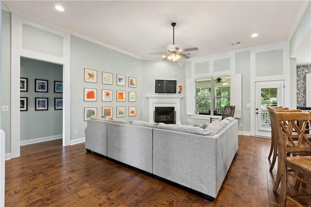 4112 Creekview Ct, Auburn, AL 36832 - living area featuring ceiling fan, crown molding, a fireplace, recessed lighting, and dark wood-style floors