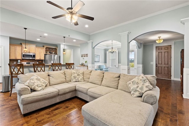 4112 Creekview Ct, Auburn, AL 36832 - living area with arched walkways, dark wood-type flooring, a ceiling fan, ornamental molding, and a chandelier
