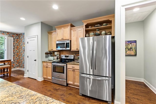4112 Creekview Ct, Auburn, AL 36832 - kitchen with stainless steel appliances, light brown cabinetry, dark wood-style floors, recessed lighting, and open shelves