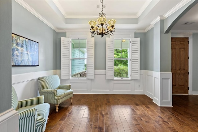 4112 Creekview Ct, Auburn, AL 36832 - sitting room featuring a raised ceiling, hardwood / wood-style flooring, arched walkways, a chandelier, and wainscoting