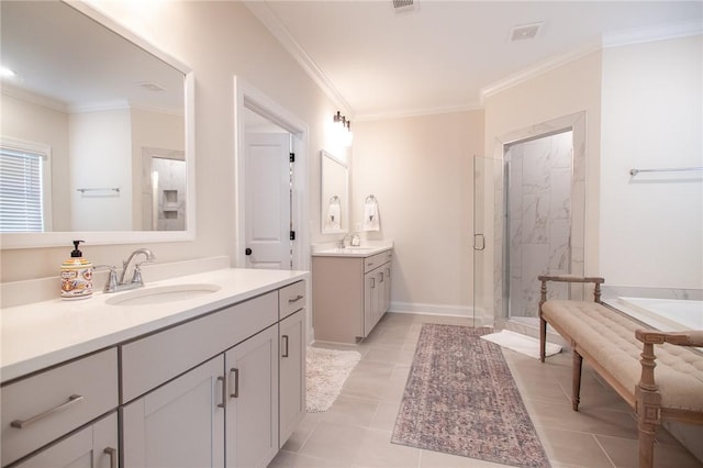 bathroom with tile patterned floors, vanity, an enclosed shower, and crown molding