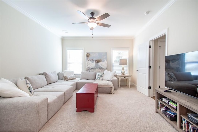 living room featuring carpet flooring, crown molding, and ceiling fan