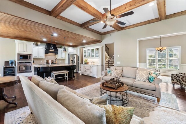1895 Talcott Ct, Auburn, AL 36830 - living area with coffered ceiling, a ceiling fan, dark wood finished floors, a chandelier, and recessed lighting
