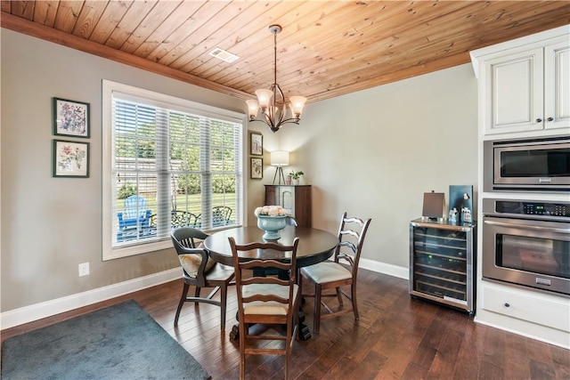 1895 Talcott Ct, Auburn, AL 36830 - dining space with beverage cooler, crown molding, wood ceiling, a chandelier, and dark wood-style flooring