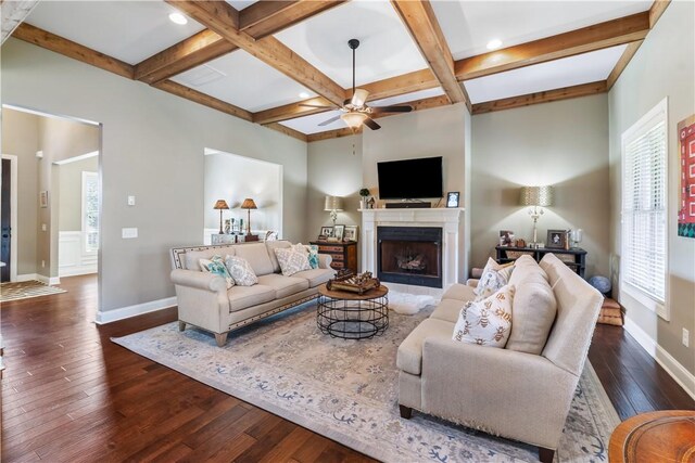 1895 Talcott Ct, Auburn, AL 36830 - living room featuring dark wood finished floors, plenty of natural light, ceiling fan, coffered ceiling, and beamed ceiling