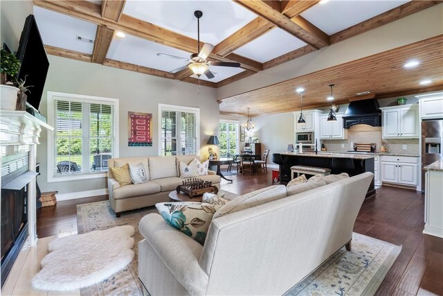 1895 Talcott Ct, Auburn, AL 36830 - living room with a ceiling fan, a fireplace, dark wood-type flooring, beam ceiling, and coffered ceiling