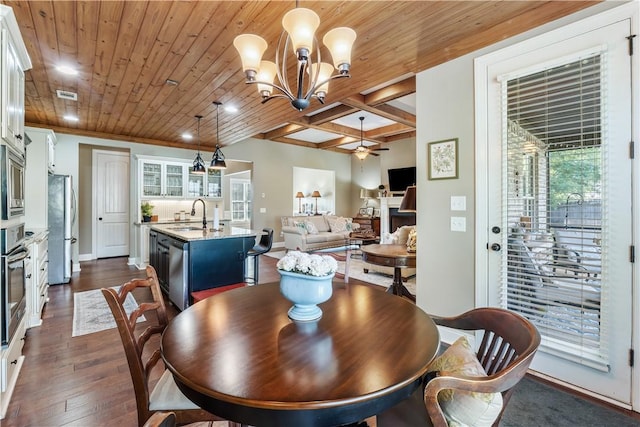 1895 Talcott Ct, Auburn, AL 36830 - dining space featuring dark wood-style flooring, a ceiling fan, a chandelier, and a wood ceiling with exposed beams