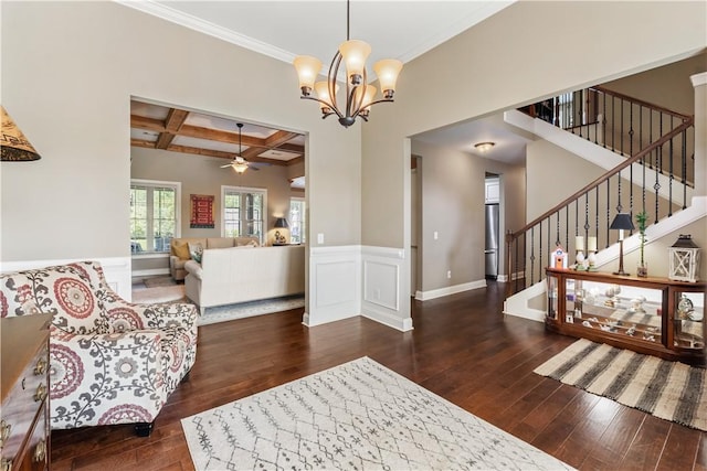 1895 Talcott Ct, Auburn, AL 36830 - living area featuring coffered ceiling, hardwood / wood-style floors, ornamental molding, stairs, and a ceiling fan