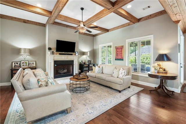 1895 Talcott Ct, Auburn, AL 36830 - living room featuring beamed ceiling, dark wood-style flooring, ceiling fan, a fireplace, and coffered ceiling