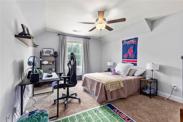 2217 Morgan Dr, Auburn, AL 36830 - bedroom featuring a desk, carpet, lofted ceiling, baseboards, and ceiling fan