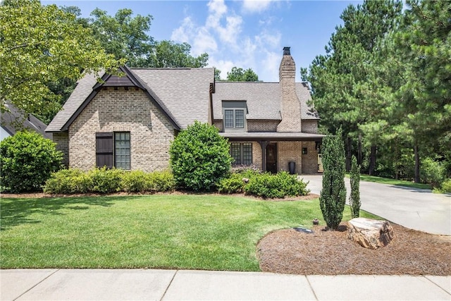 1150 Walden Ln, Auburn, AL 36830 - view of front facade with brick siding, a front yard, concrete driveway, a chimney, and roof with shingles